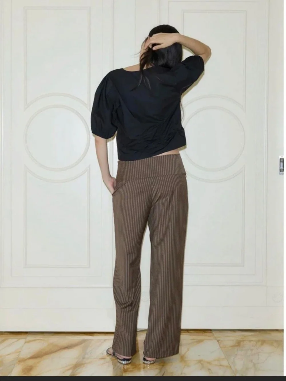 Wide-Leg Pinstripe Trousers in Brown - Picture 2 of 5